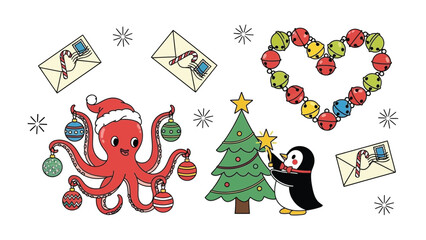Joyful Holiday Scene: Delightful festive elements fill this whimsical composition, featuring a cheerful octopus adorned with a Santa hat and ornaments, a playful penguin decorating a Christmas tree. © Rokaiya