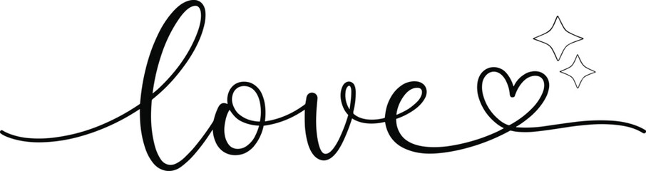 Minimalist black and white cursive lettering of the word Love vector, featuring an intertwined outline heart symbol and decorative hand-drawn sparkles, perfect for wedding decor and greeting cards.
