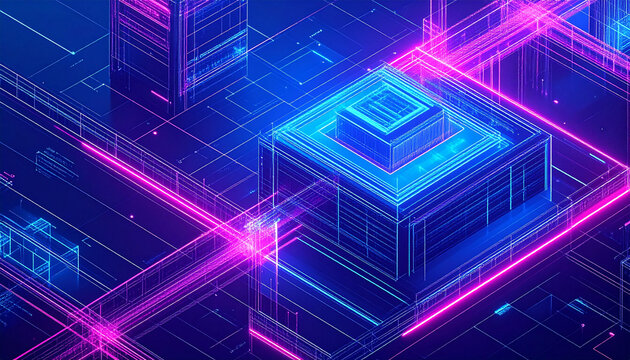 Abstract digital cityscape with glowing neon lines representing data flow and futuristic architecture. - Powered by Adobe