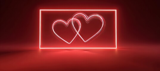 Entwined Glowing Hearts on Red Gradient with Neon Frame