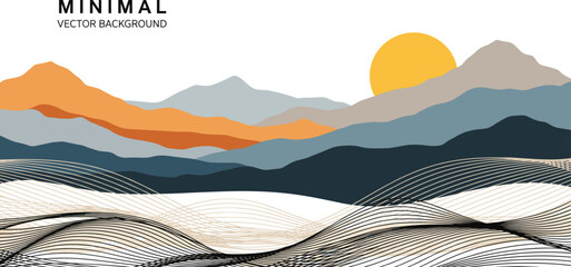 Minimal vector landscape background with layered mountains sunset or sunrise earth tone colors and abstract flowing line art mist