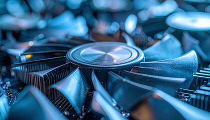 Close-up macro shot of a computer graphics card cooling fan with blue lighting.