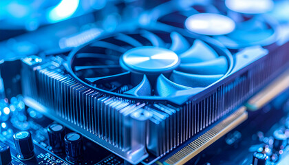 Close-up of a computer graphics card with a cooling fan illuminated by blue light.