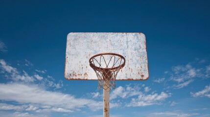 A basketball hoop stands alone under a clear blue sky with some clouds. The hoop shows signs of wear. It is daytime and there are no players around the court