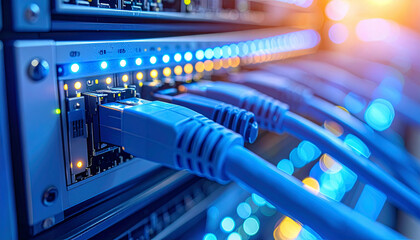 Close-up of blue Ethernet cables plugged into a network switch with glowing indicator lights in a server room.