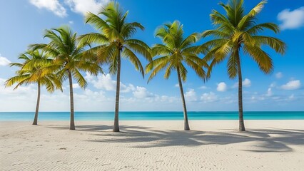 Obraz premium Idyllic, deserted island paradise featuring vibrant turquoise water and lush green palm trees in full sun.