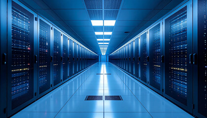 Long corridor in a modern data center with rows of server racks and blue lighting.