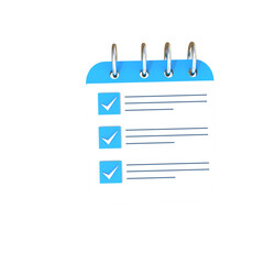 Obraz premium Spiral bound checklist with completed tasks isolated on transparent background,3d notepad, task management concept,todo check list with pen, notes, exam paper checklist icon