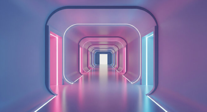 Futuristic 3D tunnel with pink and blue neon lights. Suitable for technology backgrounds, gaming, and virtual reality concepts. - Powered by Adobe