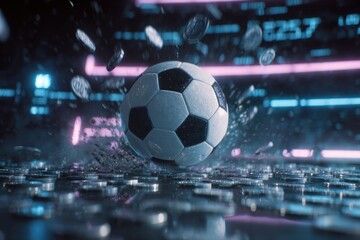 Soccer Ball Crashing Through Digital Screen with Neon and Coins