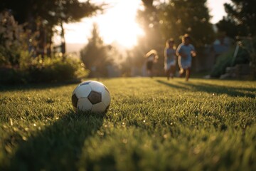 Soccer Ball on Green Field with Kids Running in Morning Light