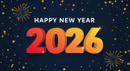 Illustration of "Happy New Year 2026" with star shapes on a dark backdrop, representing celebration, future, and seasonal festivities
