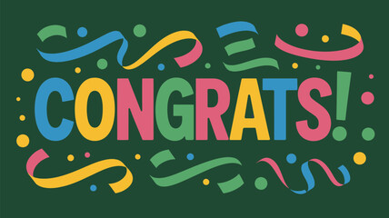 colorful congrats text with festive confetti and ribbons on dark background, cheerful celebration typography design for greeting cards, parties and achievements © muhammad