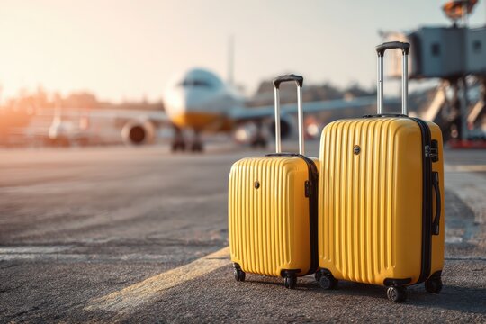 Yellow and Black Suitcases on Airport Tarmac in Warm Sunlight - Powered by Adobe