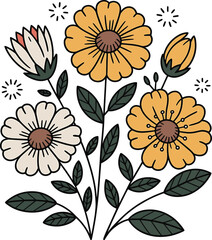 Retro style daisy flower bouquet illustration on light background