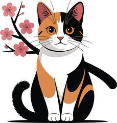 Obraz premium Sweet calico cat illustration with cherry blossoms. cute pet vector art.