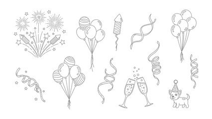 Party Elements Illustration: A collection of festive vector illustrations, featuring a group of balloons, fireworks, sparkling champagne glasses, and curling ribbons for event celebration.