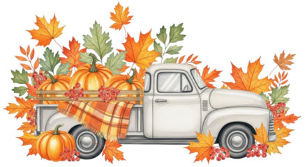 Harvest Bounty: A charming vintage truck overflowing with pumpkins and autumn leaves, evoking the cozy warmth and seasonal splendor of fall.