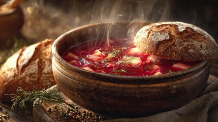 A steaming bowl of traditional Christmas soup (e.g., borscht or goulash) next to a loaf of rustic bread,
