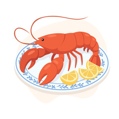 Cooked lobster served on decorated plate with lemon slices, lobster highlighted in bright modern style, tasty seafood scene supporting culinary themes