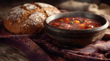 A steaming bowl of traditional Christmas soup (e.g., borscht or goulash) next to a loaf of rustic bread,