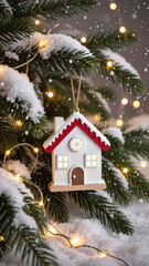 Miniature house ornament hanging on a snowy Christmas tree branch with warm lights - winter coziness, home warmth and holiday celebration