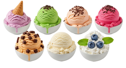 Sweet Symphony: An array of vibrant ice cream scoops, each a unique flavor sensation, presented in elegant bowls, tempting the viewer with a promise of refreshing deliciousness.