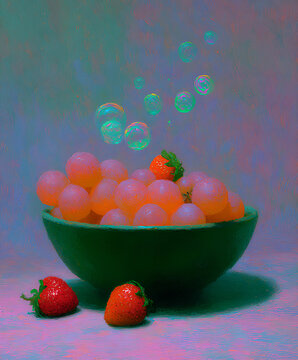 Floating fruit bowl with bubbles dreamy fluorescent fantasy