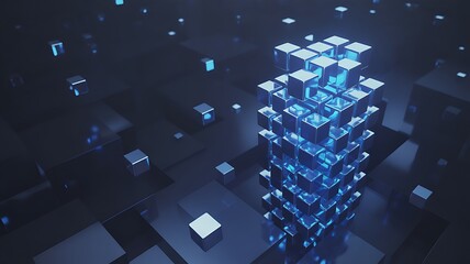 Abstract glowing blue cubes forming a tower on dark reflective surface technology digital