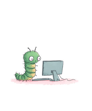 Caterpillar shocked at computer bug in funny sketch cartoon style