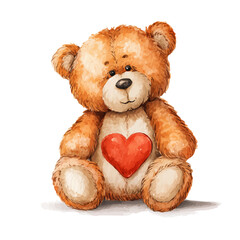 Watercolor painting of Valentines Teddy Bear With Heart, vector illustration, isolated on white background.