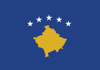 Vector flag of the Republic of Kosovo featuring the country map silhouette and six white stars on a blue background