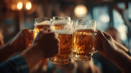 Elderly Men Celebrating Team Victory with Beer in Pub
