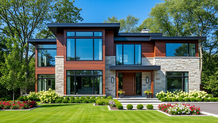 Modern luxury home with large windows and a well-manicured lawn, surrounded by lush green trees and landscaping under a clear blue sky.