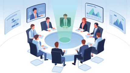 Business meeting around a circular table with digital displays