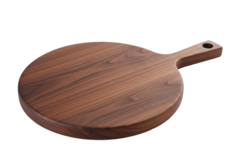 Dark american walnut wood serving board with handle from an overhead view, isolated on a white background. Concept of rustic elegance and craftsmanship