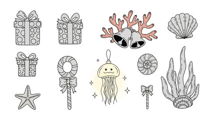 Festive marine Christmas elements: A collection of festive marine themed Christmas decorations, presenting a unique twist on holiday decor. Illustrated for seasonal and holiday projects.
