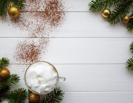 Navidad, caf&eacute;, cappuccino, chocolate caliente, invierno, bebidas calientes, tazas, mesa de madera, bokeh, luces navide&ntilde;as, decoraci&oacute;n, ambiente festivo, nieve artificial, canela, an&iacute;s estrellado, crem