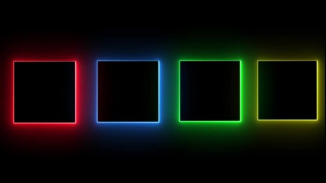 Collection of neon glowing square frames. Glowing frame. Red, blue, green and orange LED fluorescent lasers isolated on black background. Vector illustration. 4k animation video..