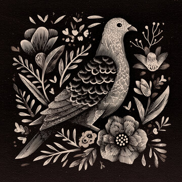 Elegant black floral bird engraving illustration with detailed botanical patterns