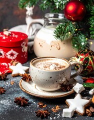 Fototapeta premium Navidad, café, cappuccino, chocolate caliente, invierno, bebidas calientes, tazas, mesa de madera, bokeh, luces navideñas, decoración, ambiente festivo, nieve artificial, canela, anís estrellado, crem