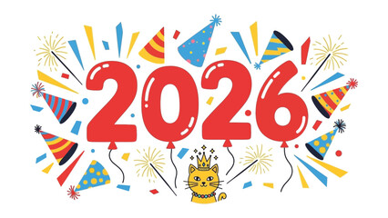 Countdown to Celebration: Festive illustration of the year 2026, featuring party hats, fireworks, and a cheerful cat mascot, ready to herald in a year of joy and celebration. 