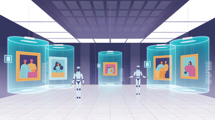 Robots in futuristic museum displaying art in glowing cylinders
