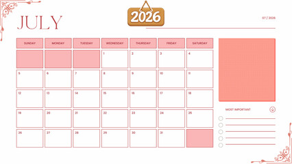 Minimalist cream and red monthly planner design for 2026 calendar pages