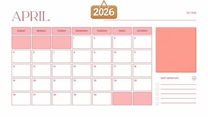 Cream minimalist monthly planner page for 2026 calendar with clean design