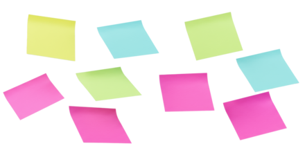 Eight colorful blank square sticky notes floating on a transparent background with soft shadows. Concept of creative brainstorming and organization
