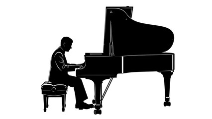 Elegant silhouette of a professional pianist passionately playing a grand concert piano for a captivating performance