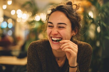 Woman Laughing Awkwardly in Cozy Café After Spinach Mishap