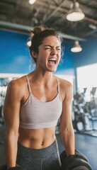 Fototapeta premium Woman Startled by Loud Timer During Workout in Modern Gym