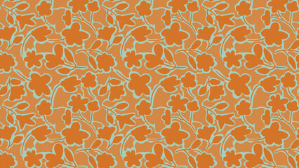 Orange seamless floral pattern with simple outlined flowers and leaves perfect for fabric prints, decorative design, wallpaper and creative surfaces.